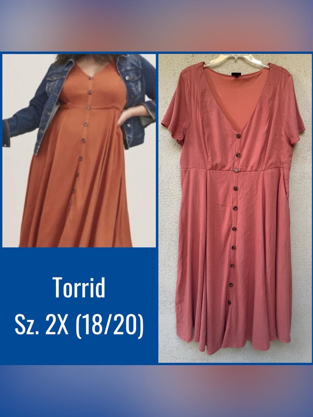 Torrid Pale Rust Color Faux Button-Front Midi Dress With Pockets-Size 2X (18/20)